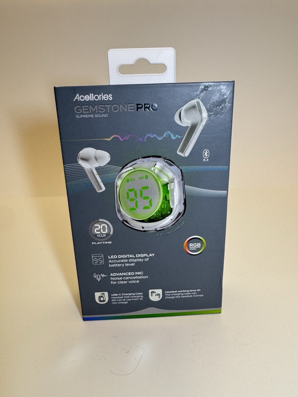 Acelloiries GemstonePro LED Digital Display Earbuds 20 Hours of Playtime White