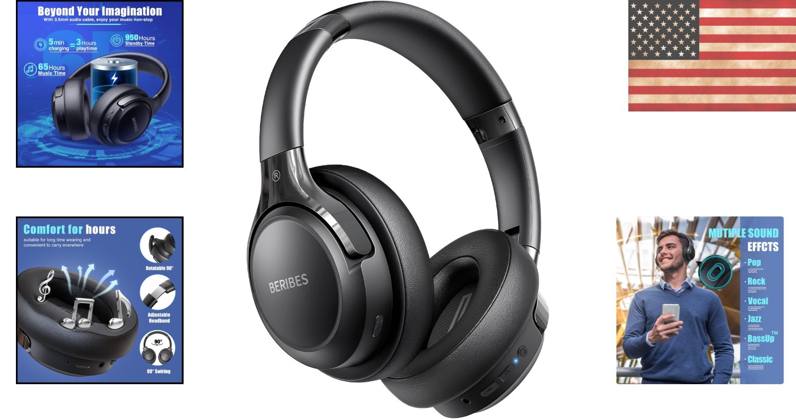 Over-Ear Wireless Headphones with Microphone – 65H Playtime & HiFi Sound