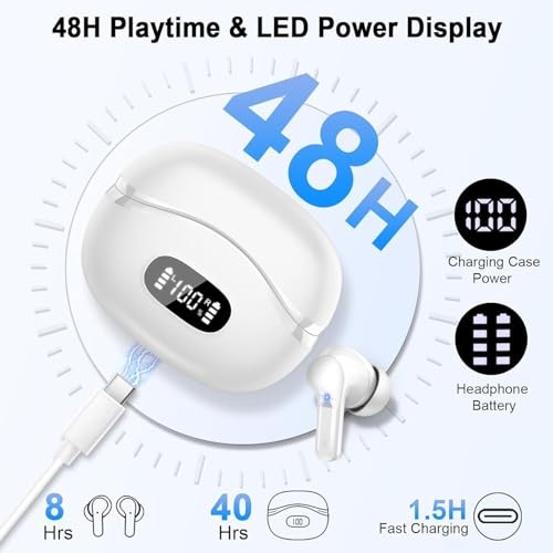 Wireless Earbuds, Bluetooth Headphones 5.4 HiFi Stereo, Ear Buds with 4 White