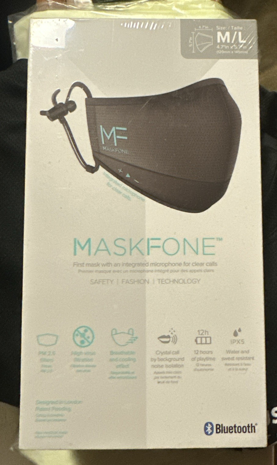 Maskfone Black Built In Microphone Bluetooth Wireless Filters Earbuds Mask M/L