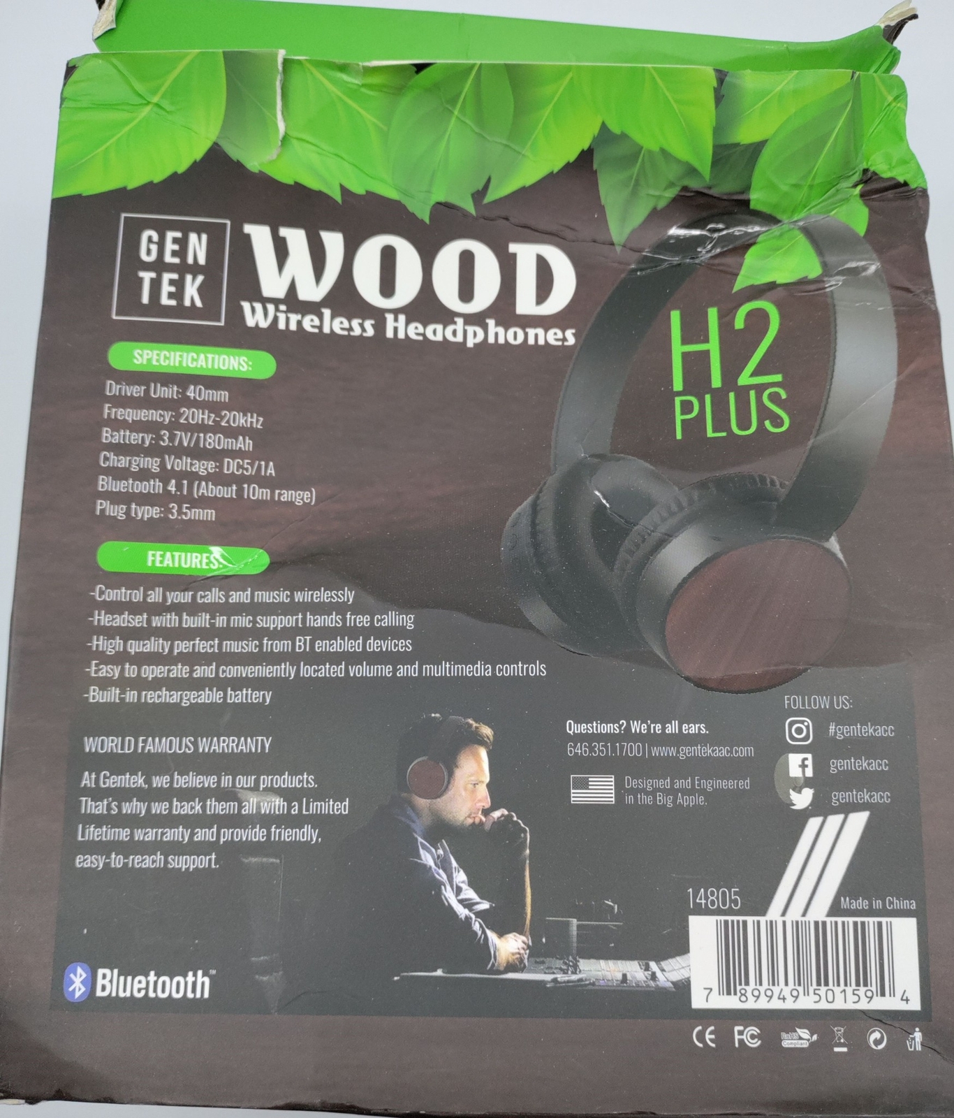 GENTEK H2 PLUS WIRELESS WOOD HEADPHONES BROWN WOODEN TEXTURE 10 M RANGE 14805