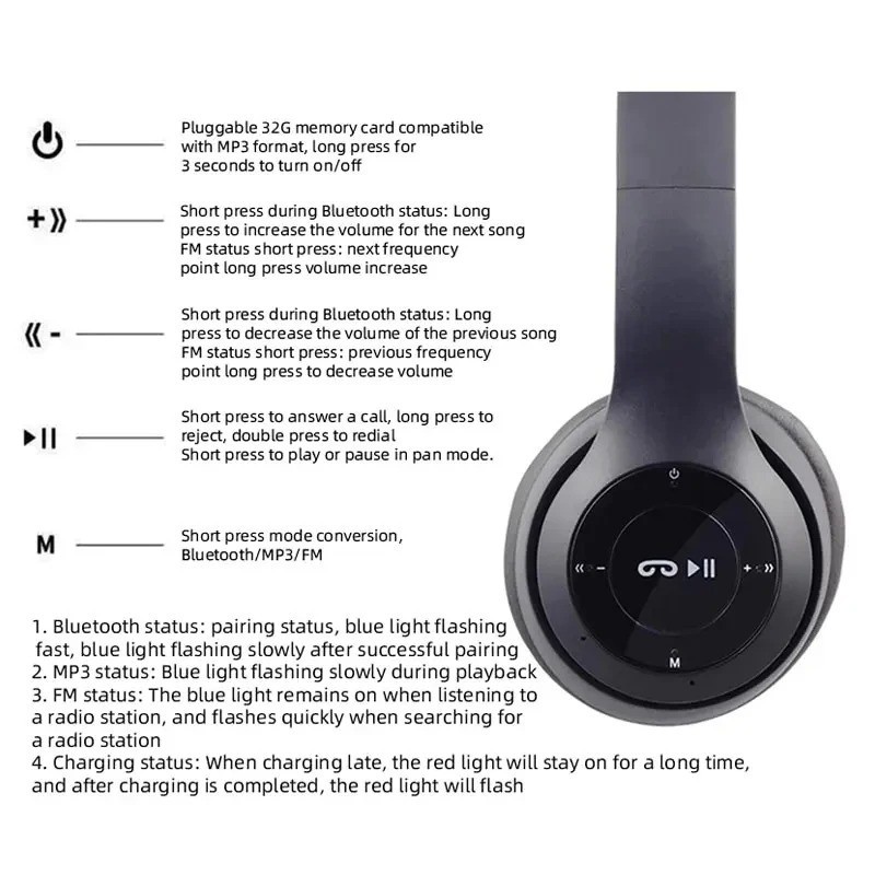 Wireless Headphones Headsets Super Bass Bluetooth Foldable Stereo Earphones Mic