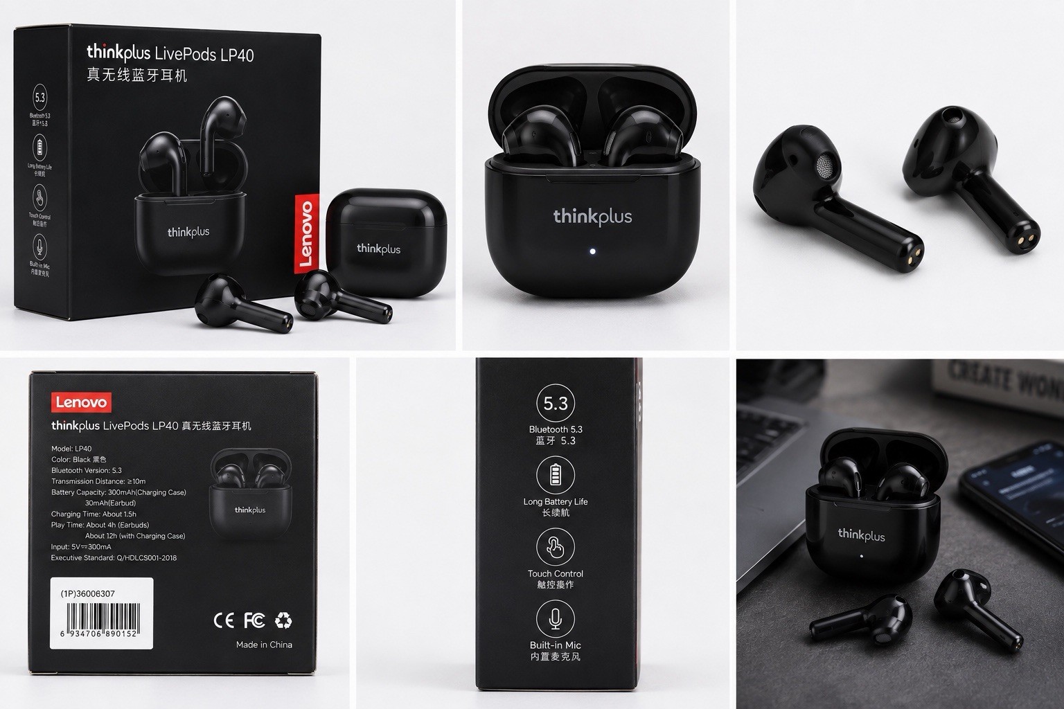 Lenovo ThinkPlus LivePods LP40 True Wireless Bluetooth In-Ear Earbuds Mic Black