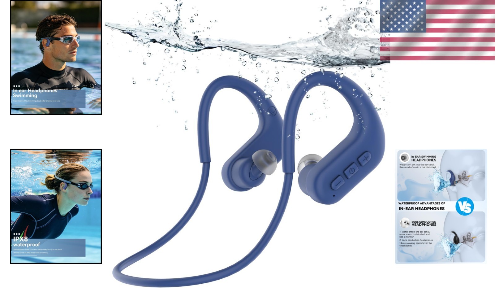 Waterproof Swim Headphones Bluetooth 5.4 MP3 8GB Earbuds Long Battery