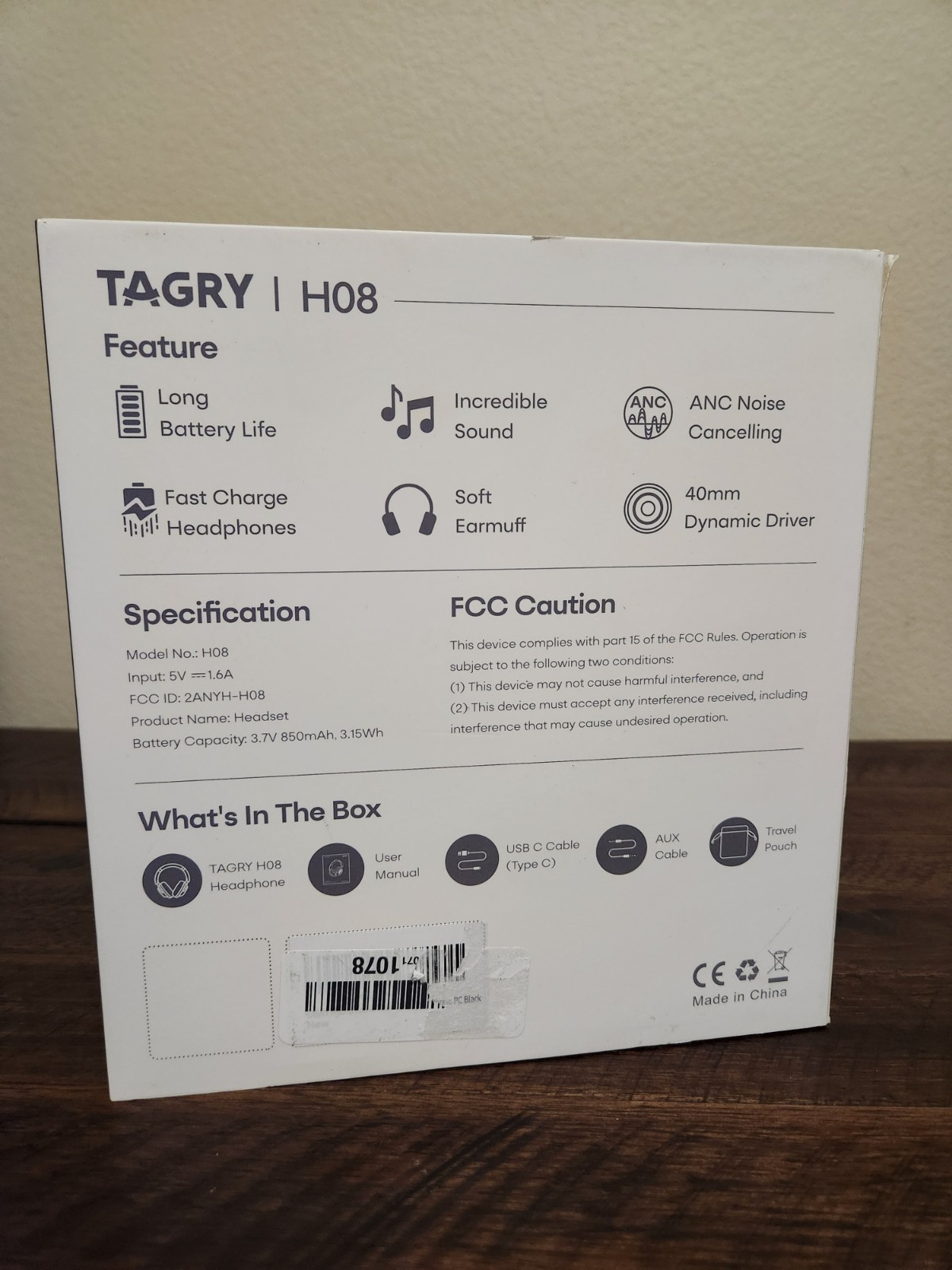 TAGRY H08 Active Noise Cancelling Bluetooth Headphones Over Ear Black New