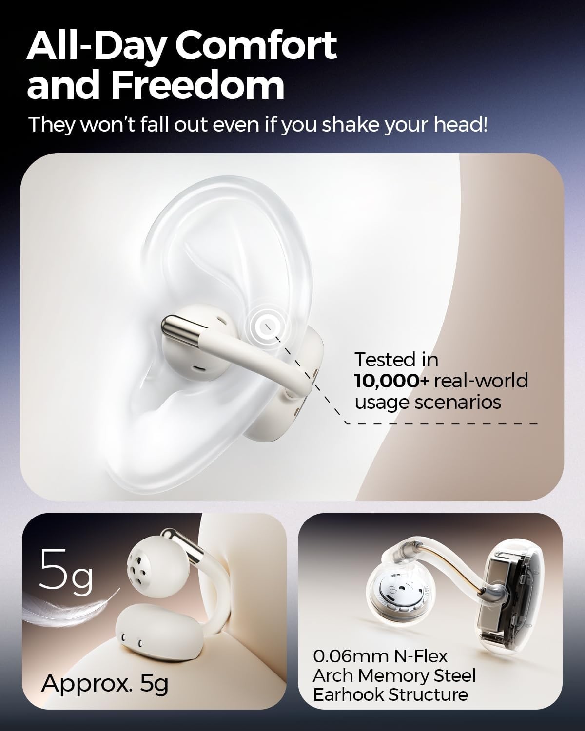 🎧 SOUNDPEATS Clip1 Open‑Ear Earbuds Dolby Audio LDAC 40H BT5.4 – White/Beige