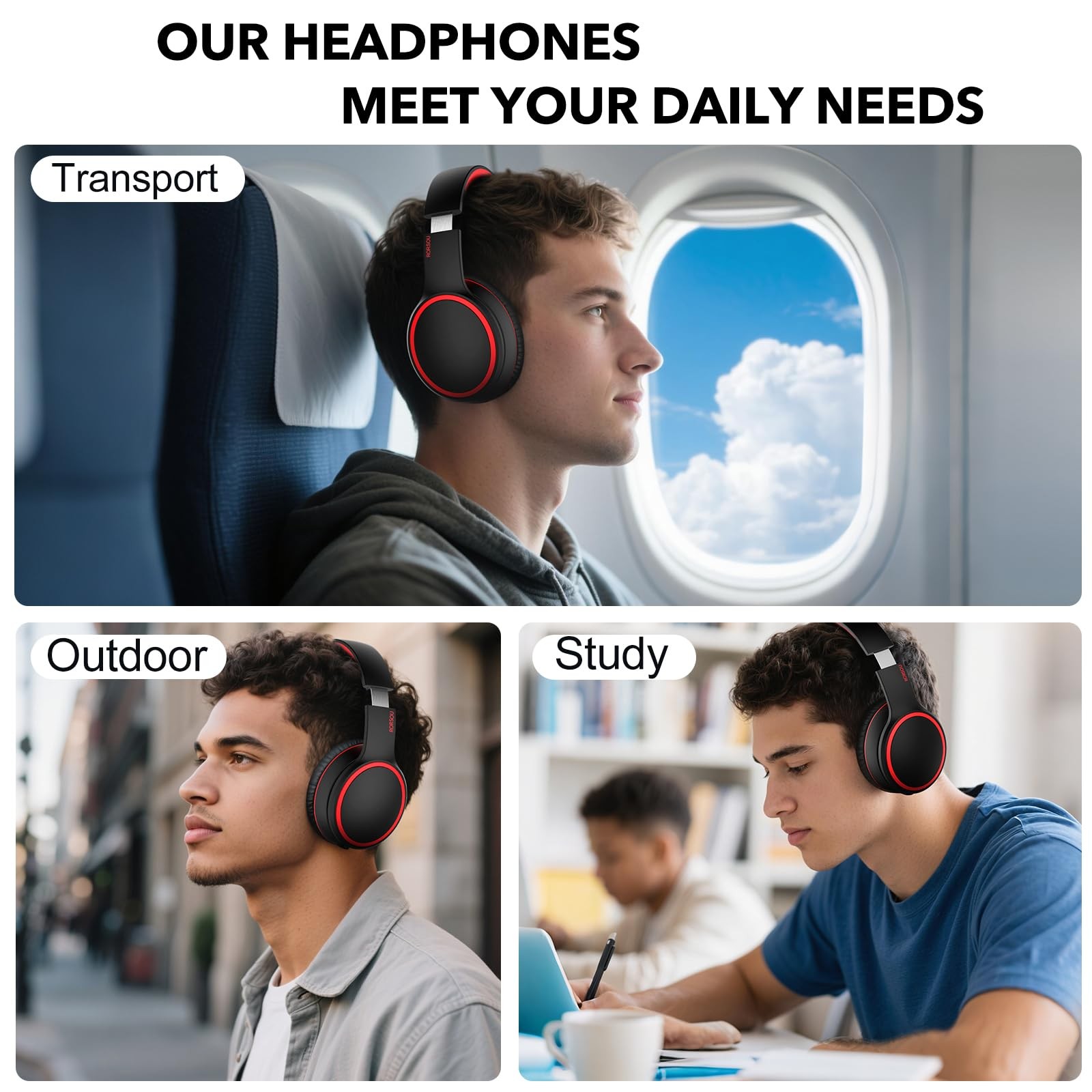 RORSOU B10 Bluetooth Headphones Over Ear, 2 EQ Music Large, Black