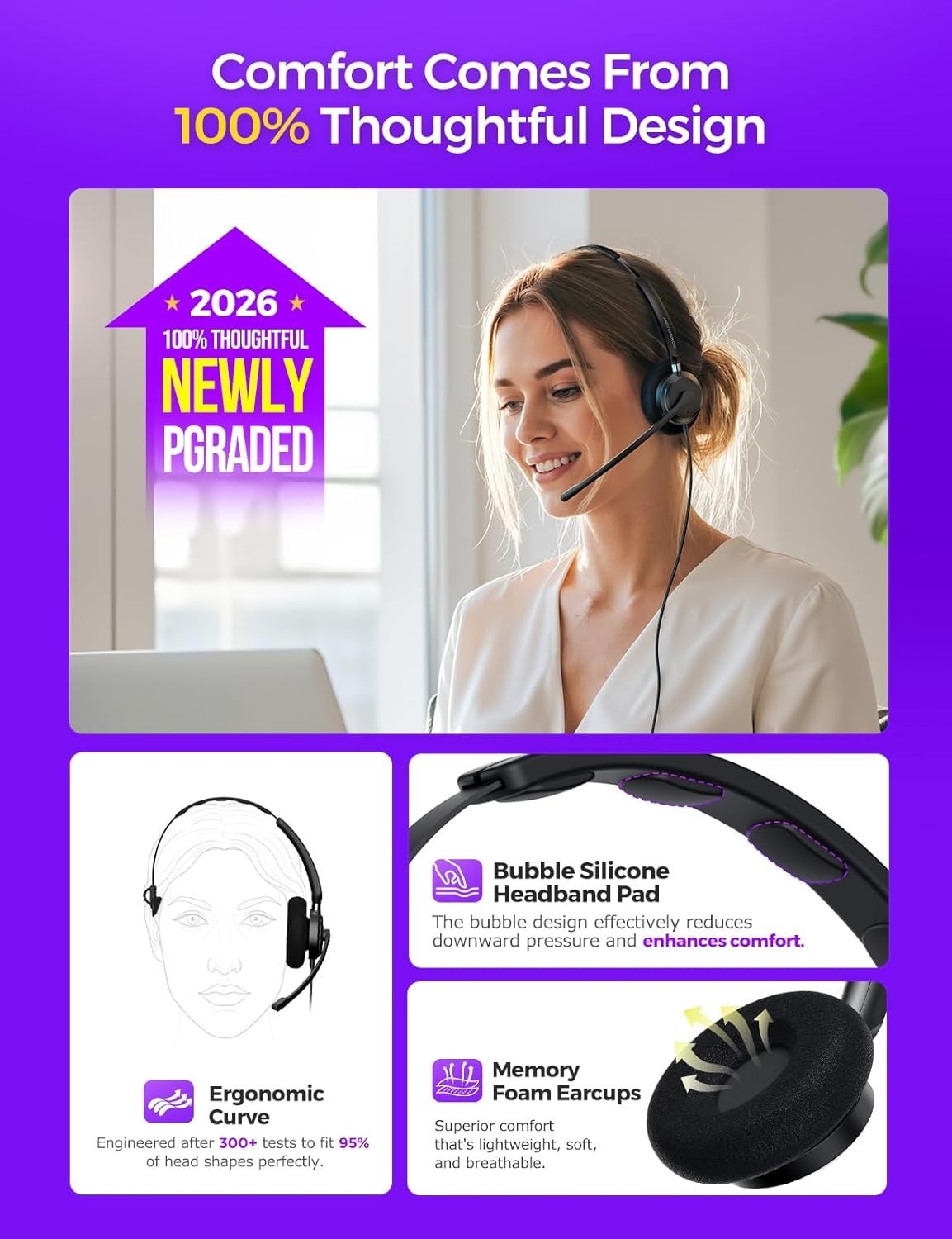 USB Headset with Microphone for PC Laptop Adjustable Noise Cancelling Wired