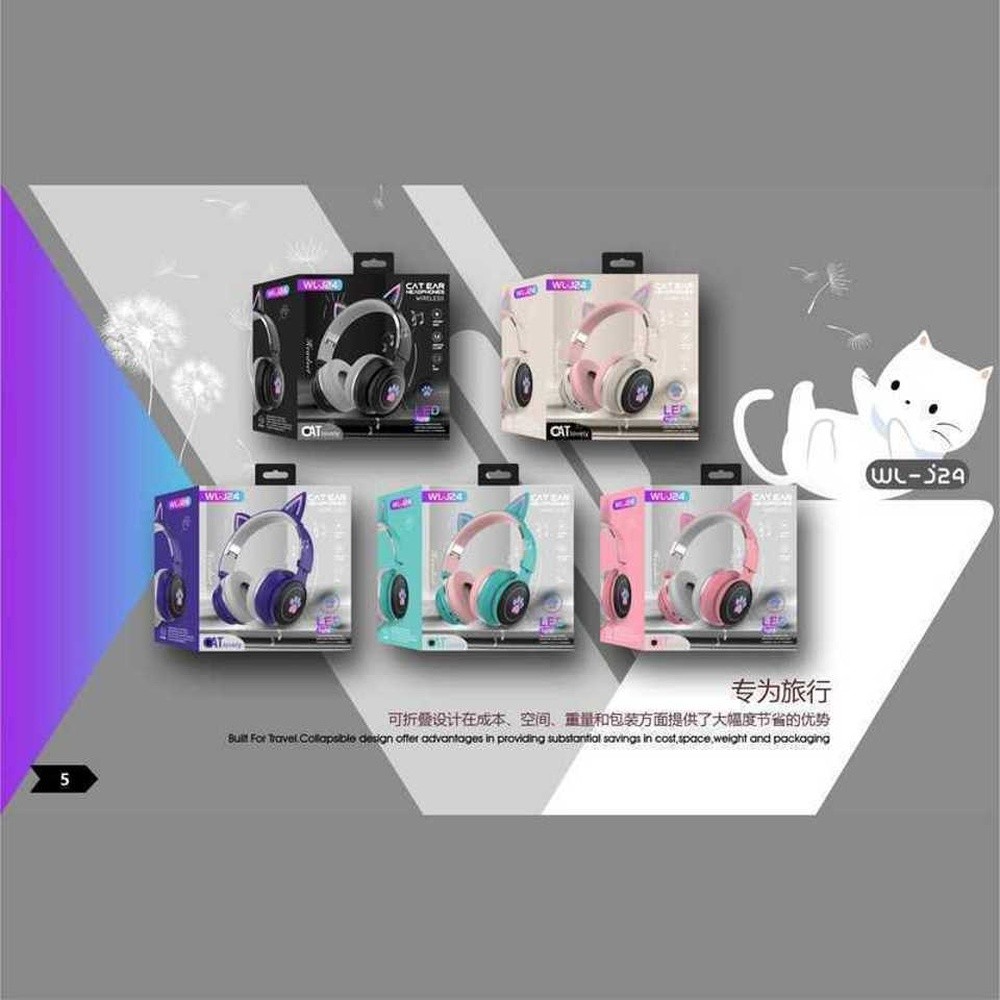 Pink AP-J24 Cat Ear Headphones Cute Cat Paws Light Up Wireless Bluetooth