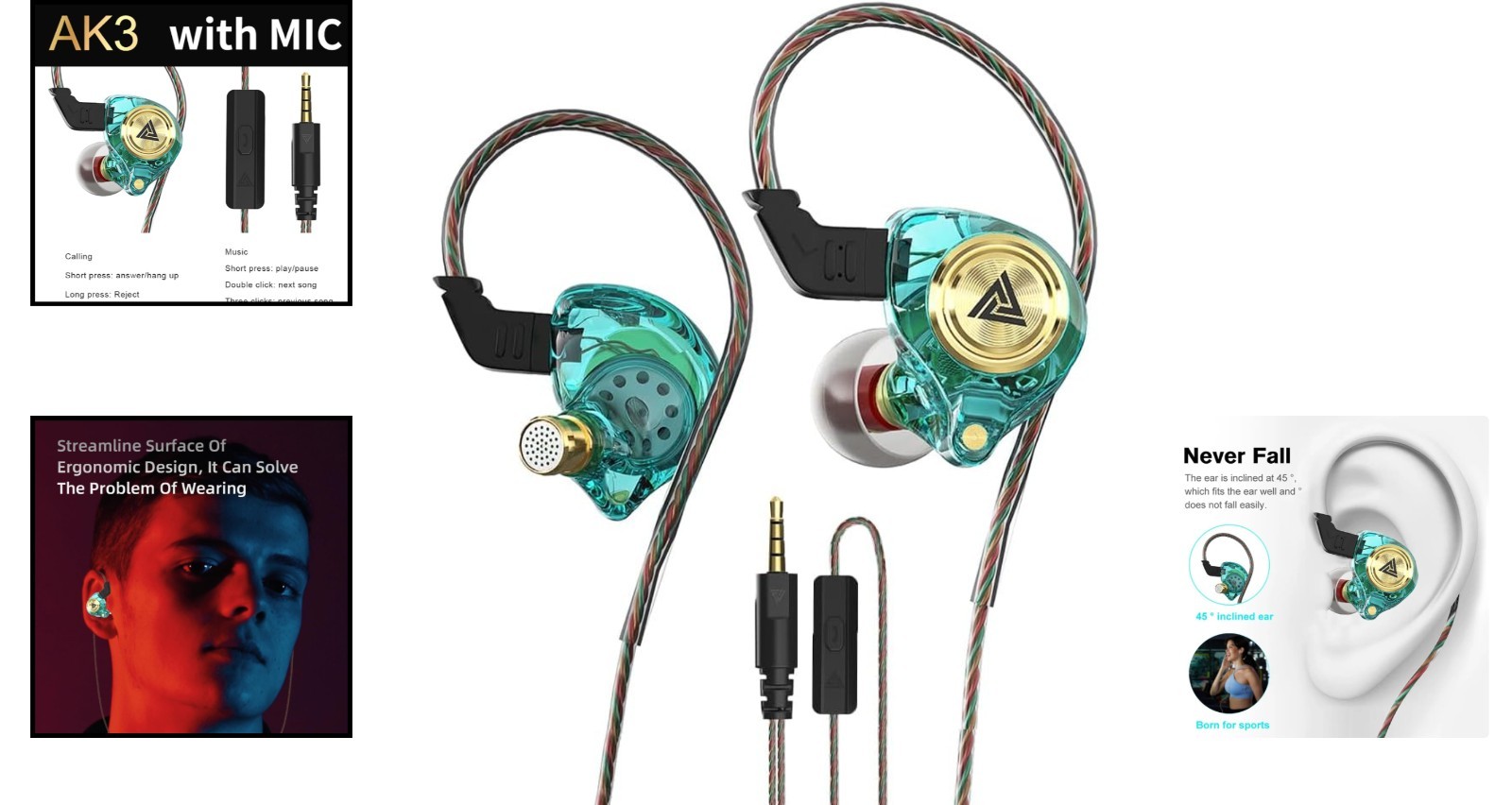 AK3FILE Wired Gaming Earbuds with Deep Bass and Noise Cancellation – Green