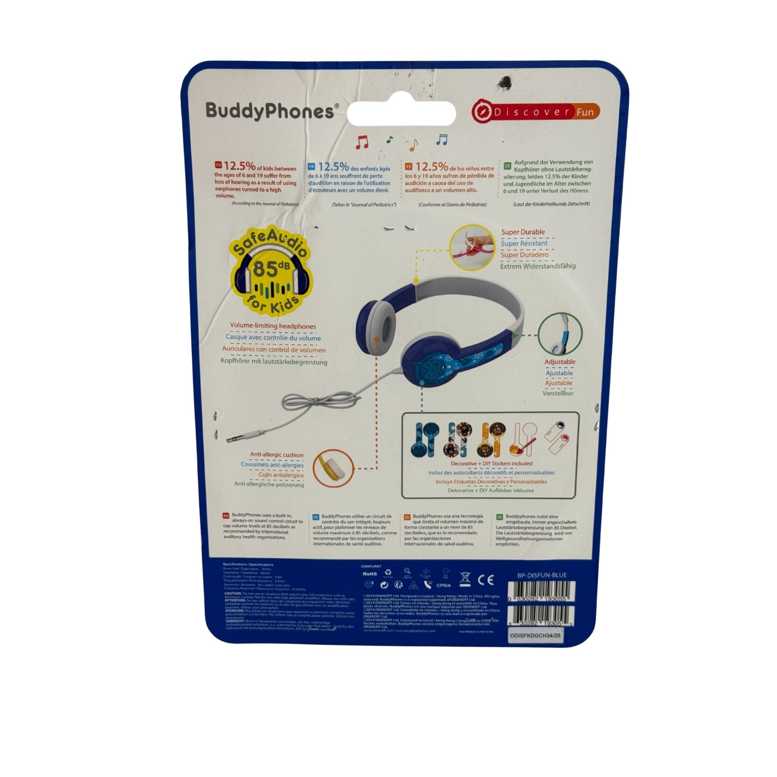 BuddyPhones DiscoverFun Wired Kids Headphones – Blue, Safe Audio, 3.5mm – NEW