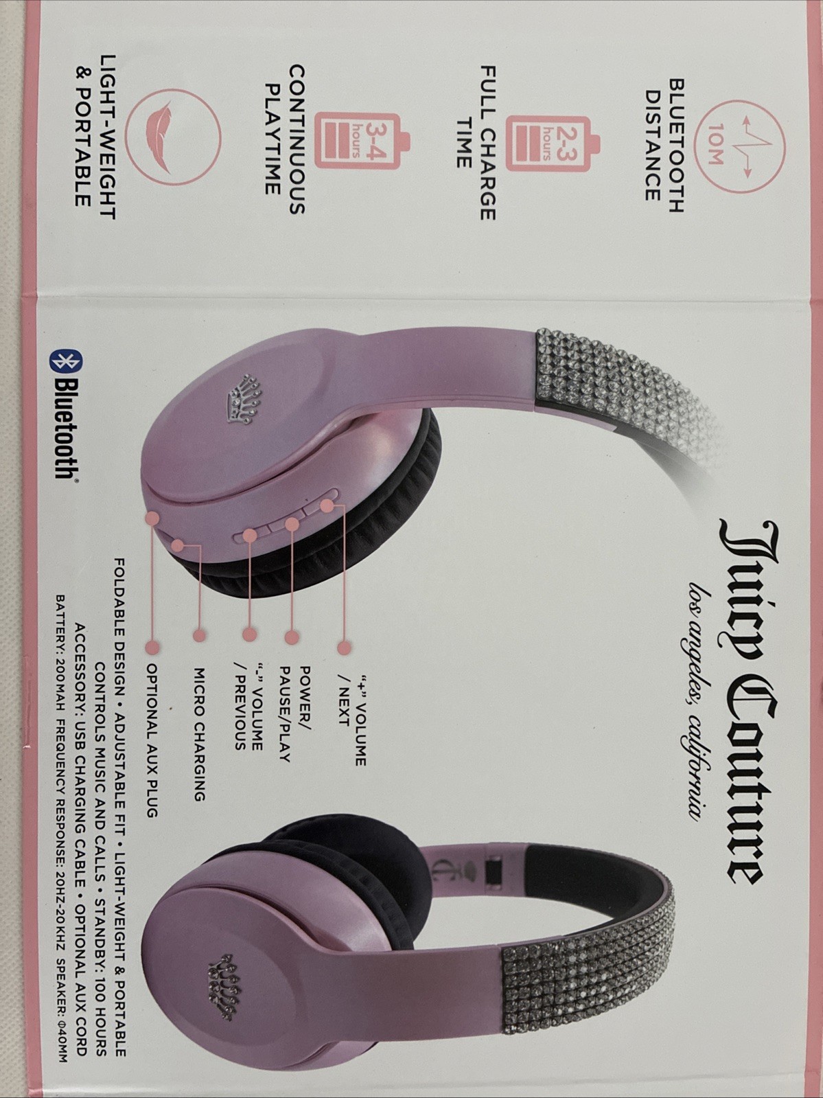 New Juicy Couture Bling Light Pink Rhinestone Wireless Headphones