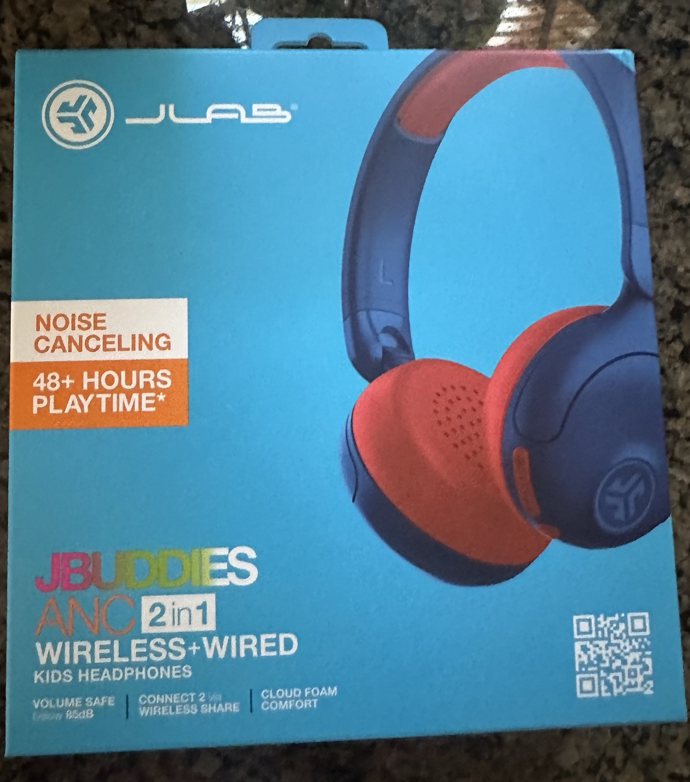 JLab JBuddies ANC 2 in 1 Kids Headphones Blue Red Wireless Noise Canceling Mic