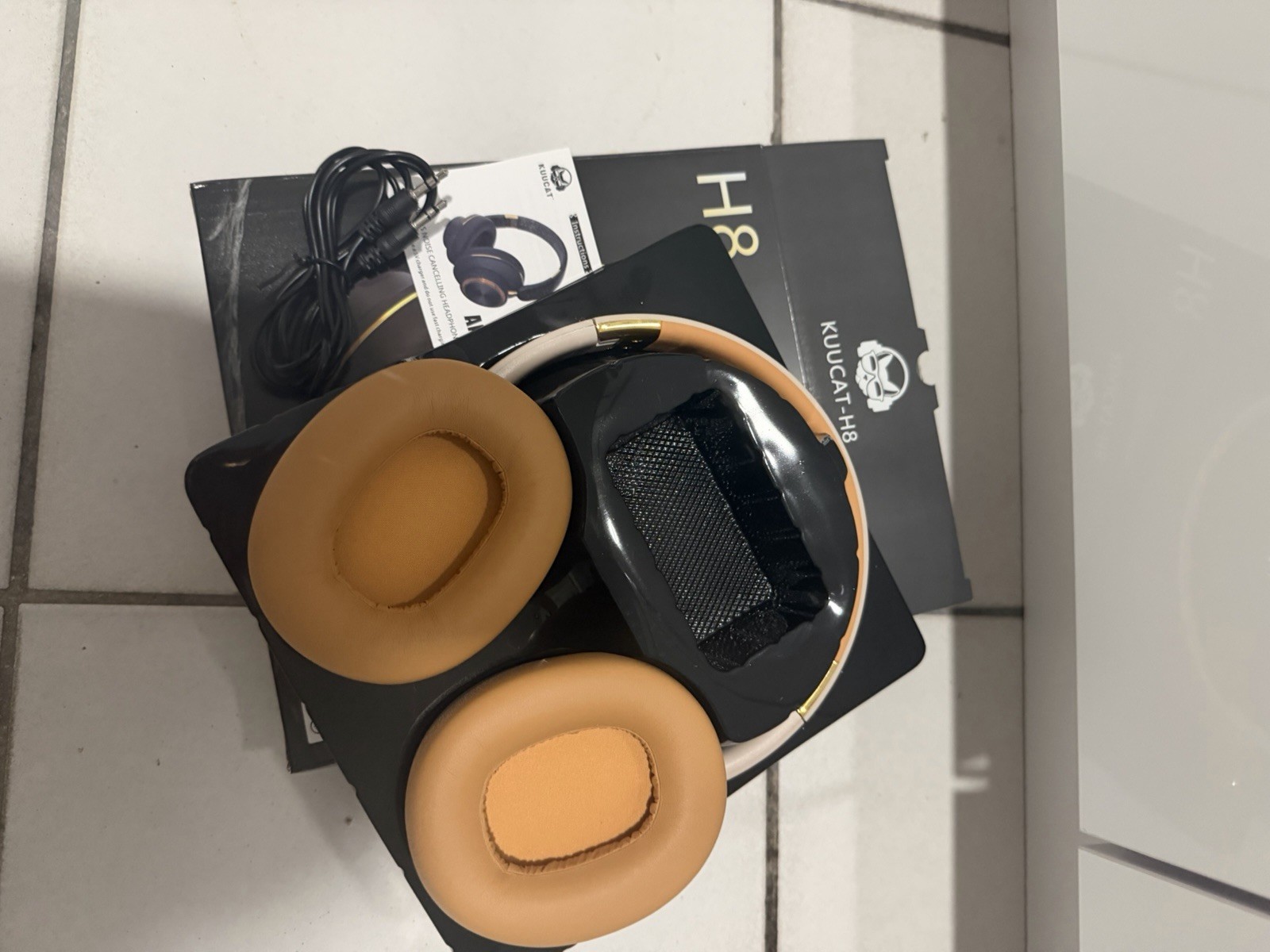 KUUCAT H8 Wireless Over-Ear Headphones w/ ANC, Bluetooth, 3.5mm Tan/Gold