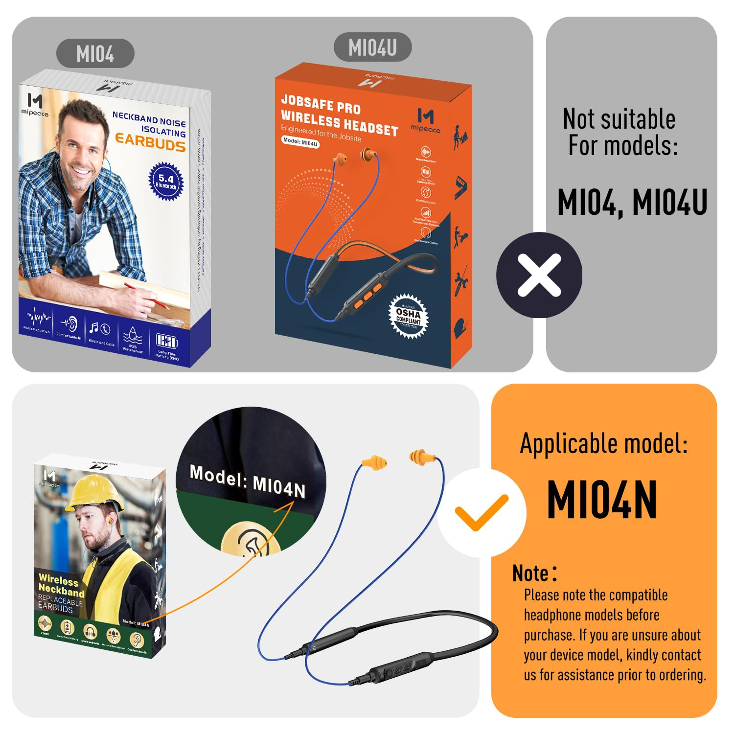 2Pcs Replacement Work Earbuds Cables for Model#Mi04N Wireless Neckband Replaceab