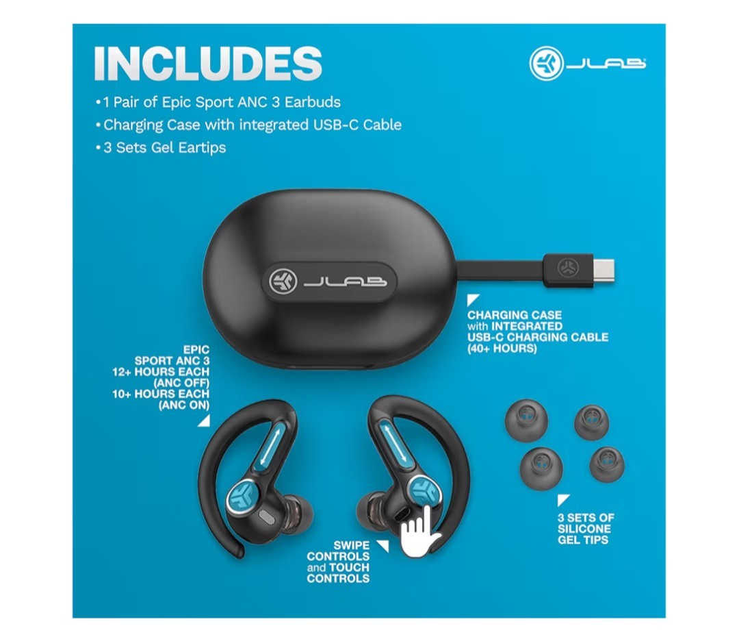 JLAB Hi-Res Audio Wireless LDAC Hybrid Noise Canceling Epic SportsANC3 Dual Driv
