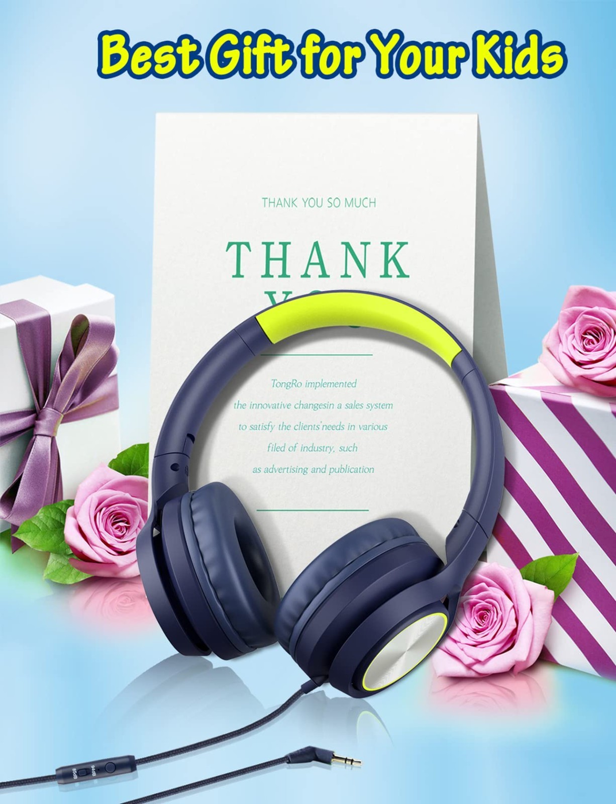 Wired Kids Headphones with Microphone, Limited Volume 85dB, Over Ear Design for