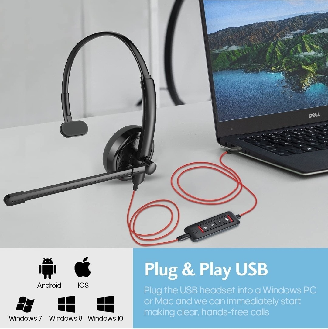HROEENOI WRHW02 USB Wired Computer Headset Noise Canceling Mic Color Black New