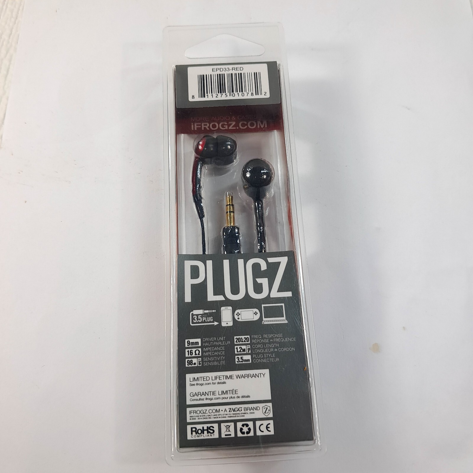 NEW iFrogz PLUGZ Ear Buds Stereo Ear Pollution Red Wired red EPD-33-RED plugs