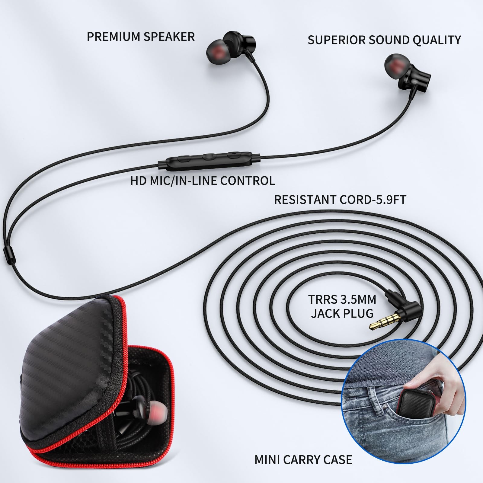 ASKUBSKU 3.5mm Headphones 5.9 ft Long Cord Wired Earbuds with Black