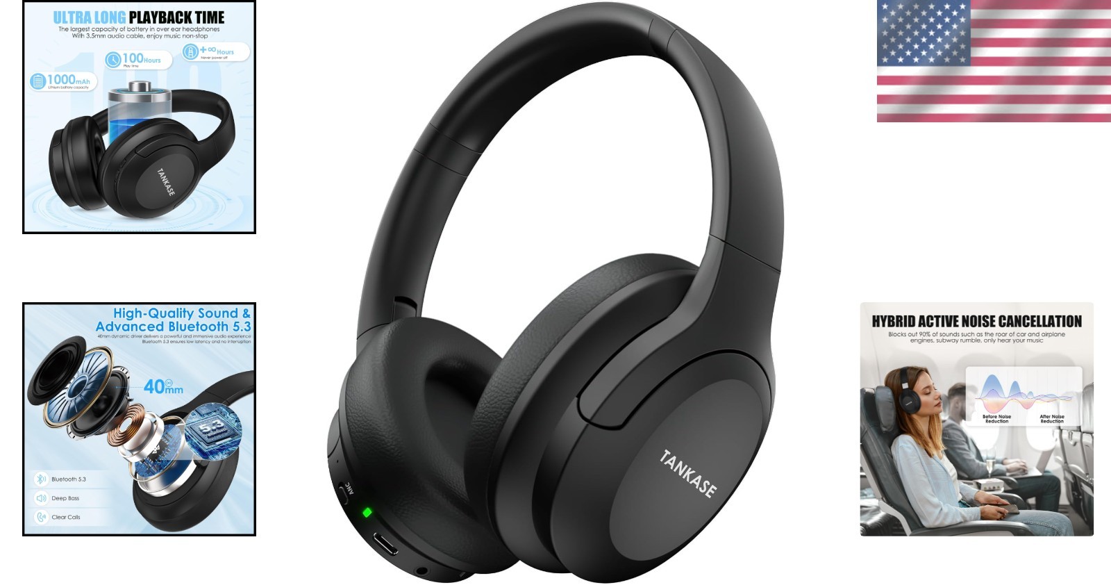 Active Noise Cancelling Over-Ear Headphones with 100H Playtime – Black