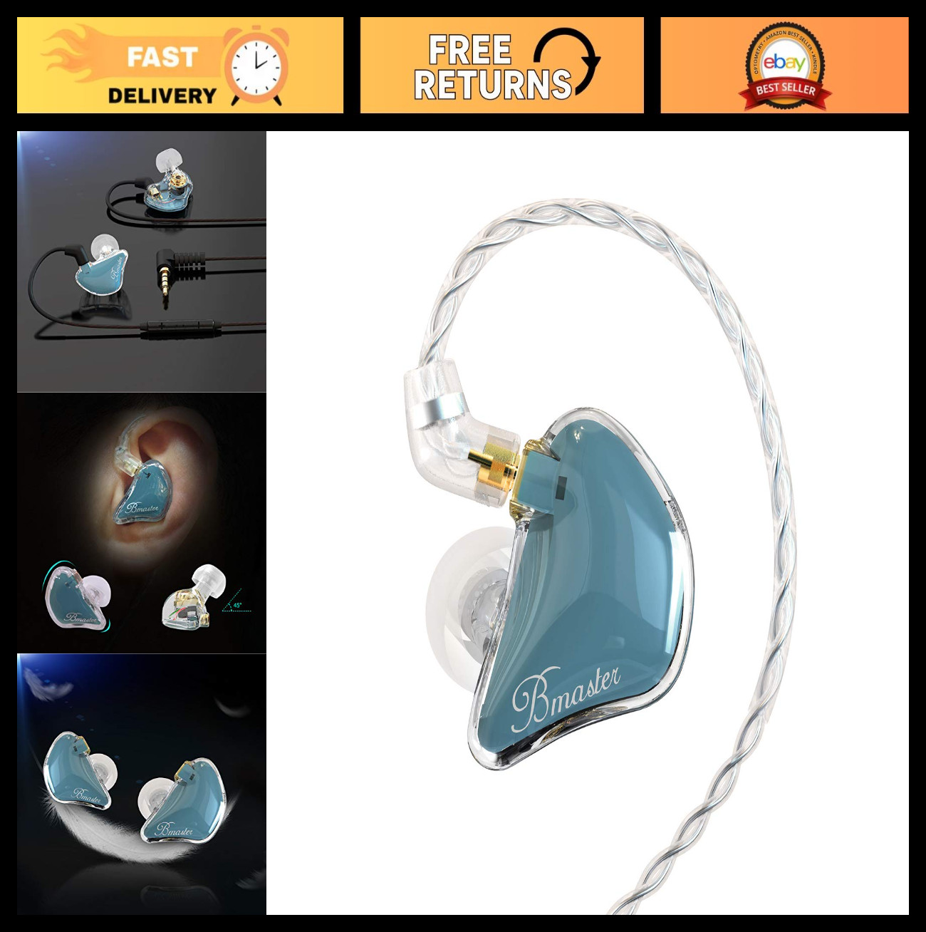 Triple Driver In-Ear Monitor Headphones with Detachable Cables for Musicians – B