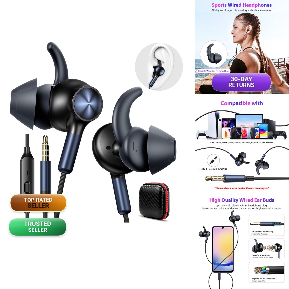 APETOO 3.5mm Wired Earbuds Sport in-Ear Headphones Mute Mic Stereo Bass