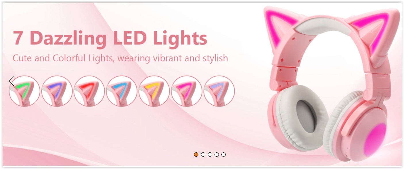 Cute Cat Ear Bluetooth Headphones for Kids & Adults, LED Lights, Foldable NOB