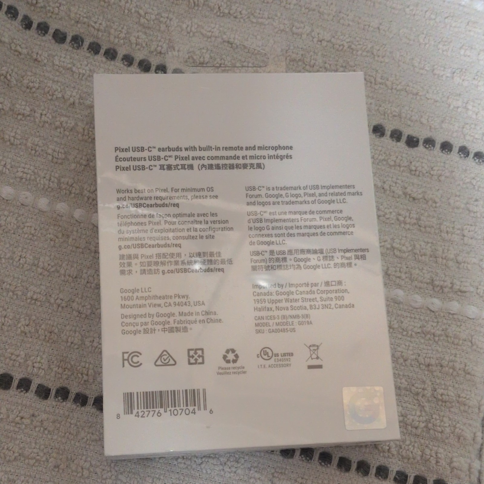 Google Pixel USB-C Earbuds White Built-In Microphone Remote Control In-Ear