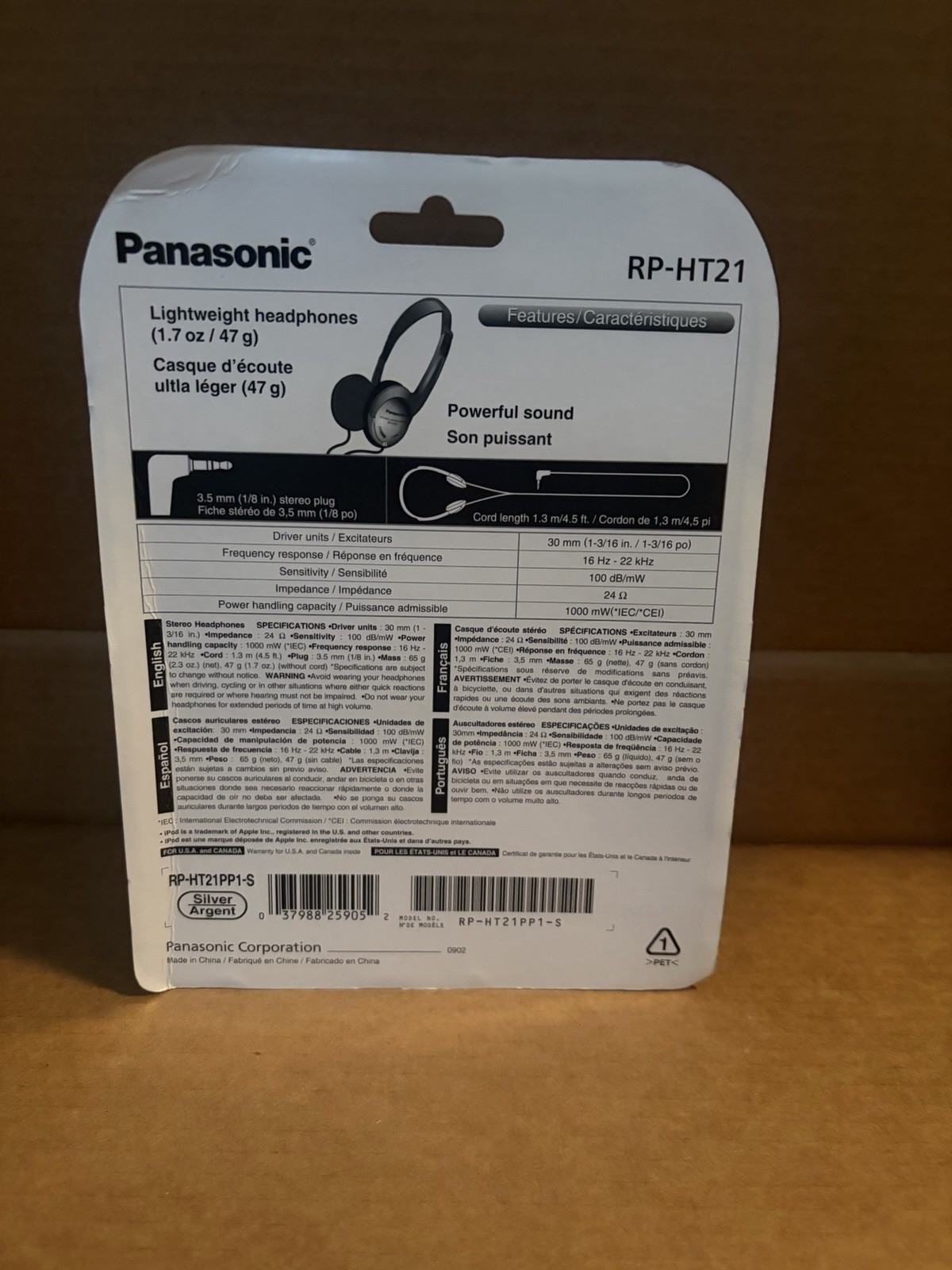 Panasonic RP-HT21 Silver Lightweight On-Ear Headphones 3.5mm 30mm 1.3m