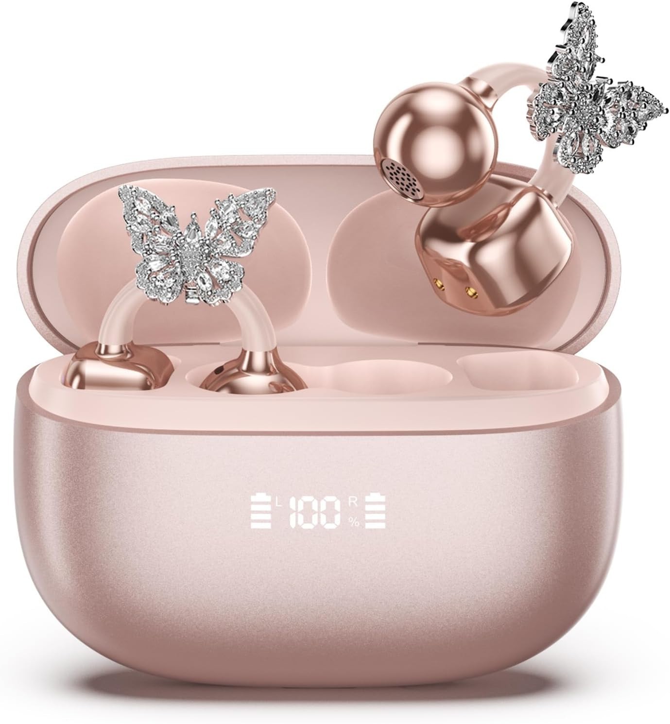 Bling Open Ear Clip On Earbuds with LED Display & Crystal Butterfly Earrings,…