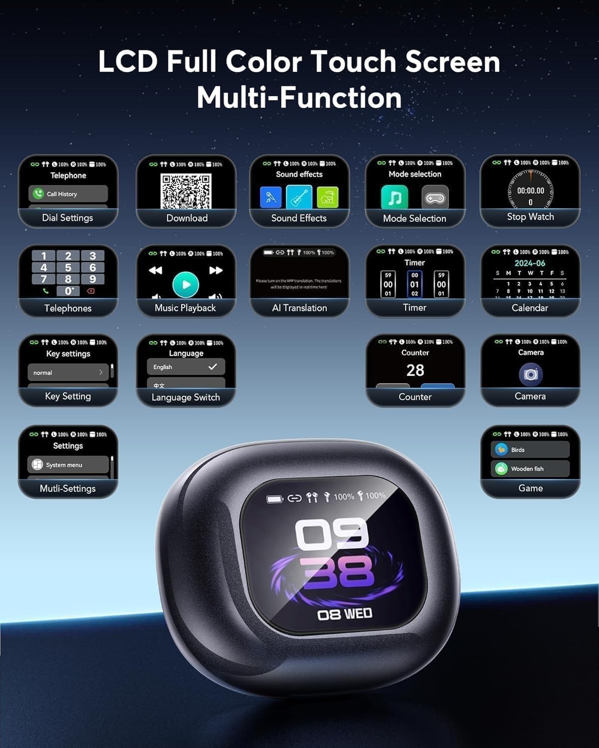 Real-Time AI Language Translation Earbuds with LCD Touchscreen – 144 Languages &