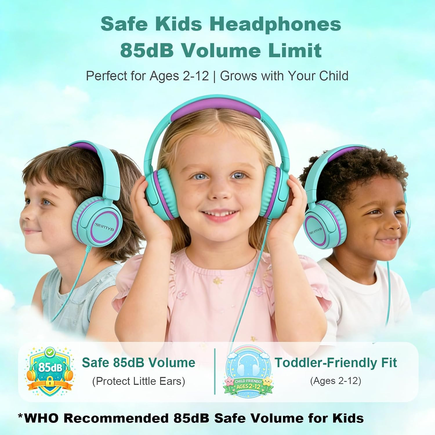 V1 Kids Headphones, 85Db Safe Volume for School, Toddler 2-12, Adjustable Foldab