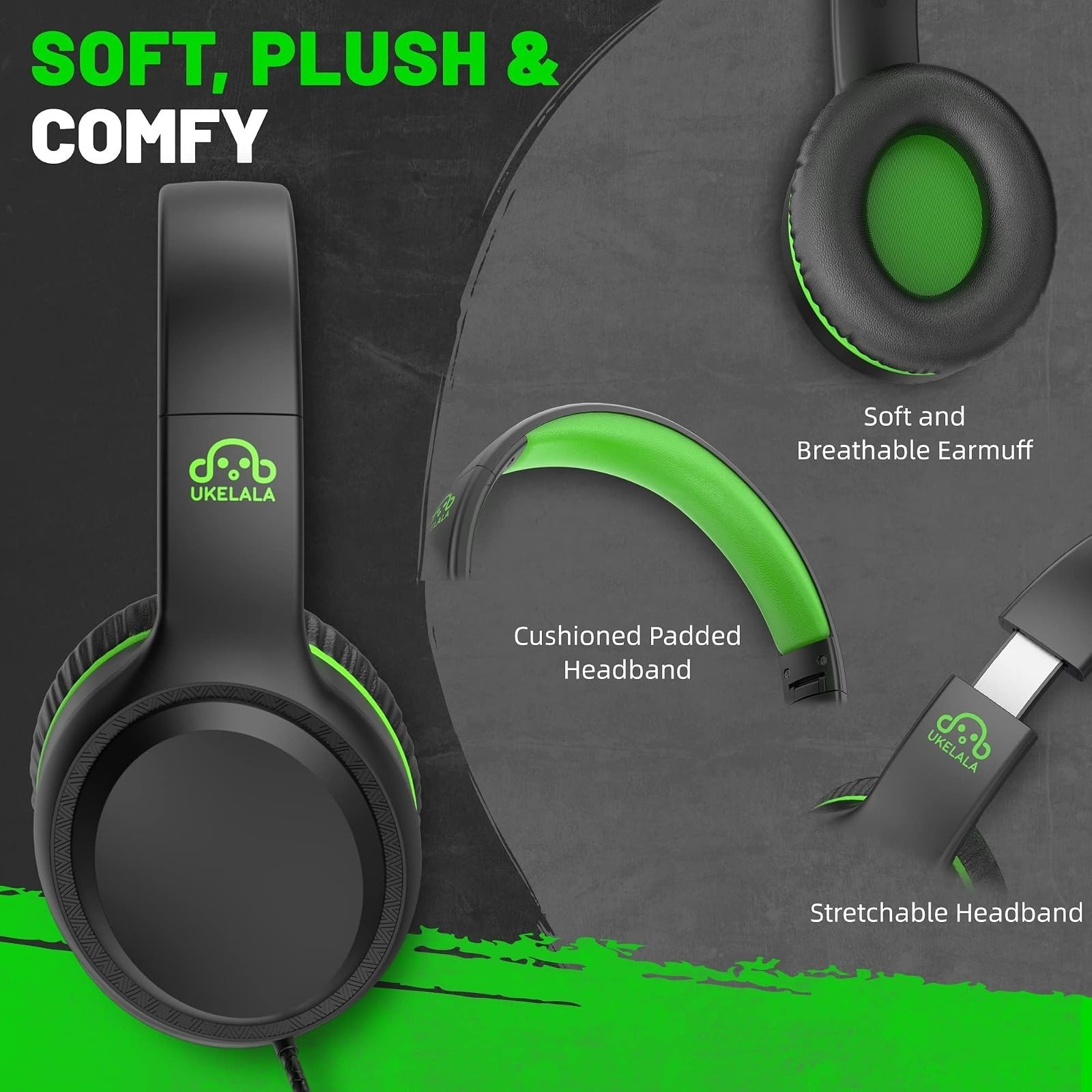UKELALA U2 Green Wired Headphones for Kids & Adults – Lightweight & Portable