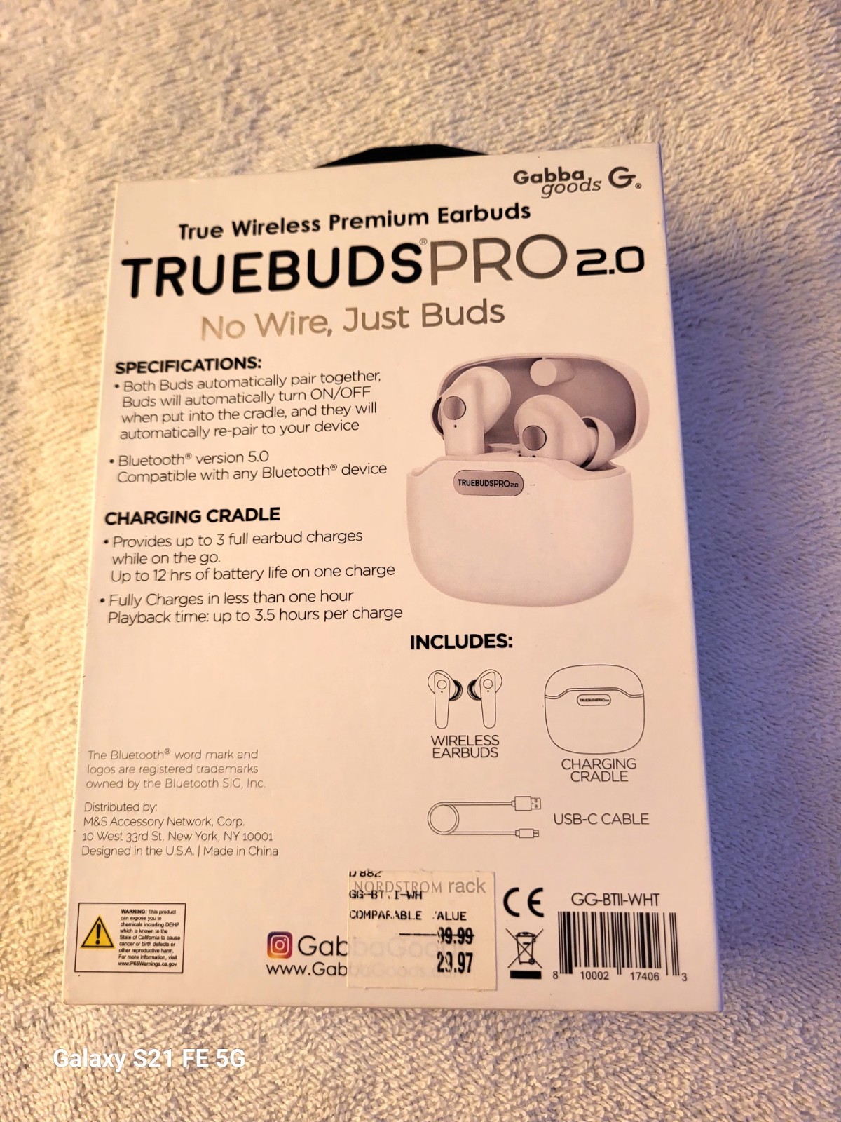 Gabba Goods TrueBuds Pro 2.0 Bluetooth 5.0 Earbuds w/ built in Mic, White