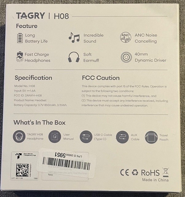 TAGRY H08 Active Noise Cancelling Headphones Over Ear Bluetooth