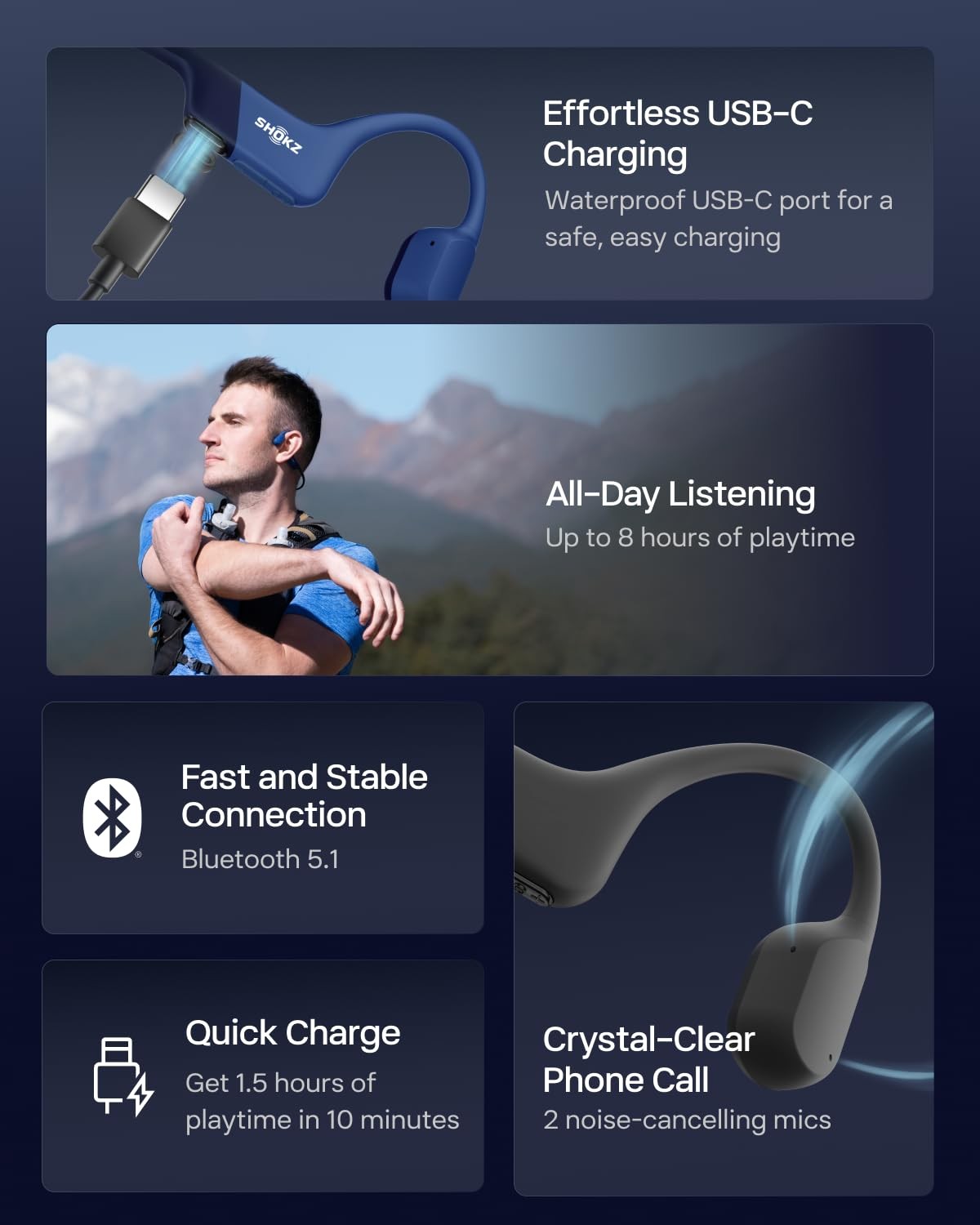 OpenRun with USB-C Charging,Bone Conduction Headphones,Open-Ear Bluetooth Wir…