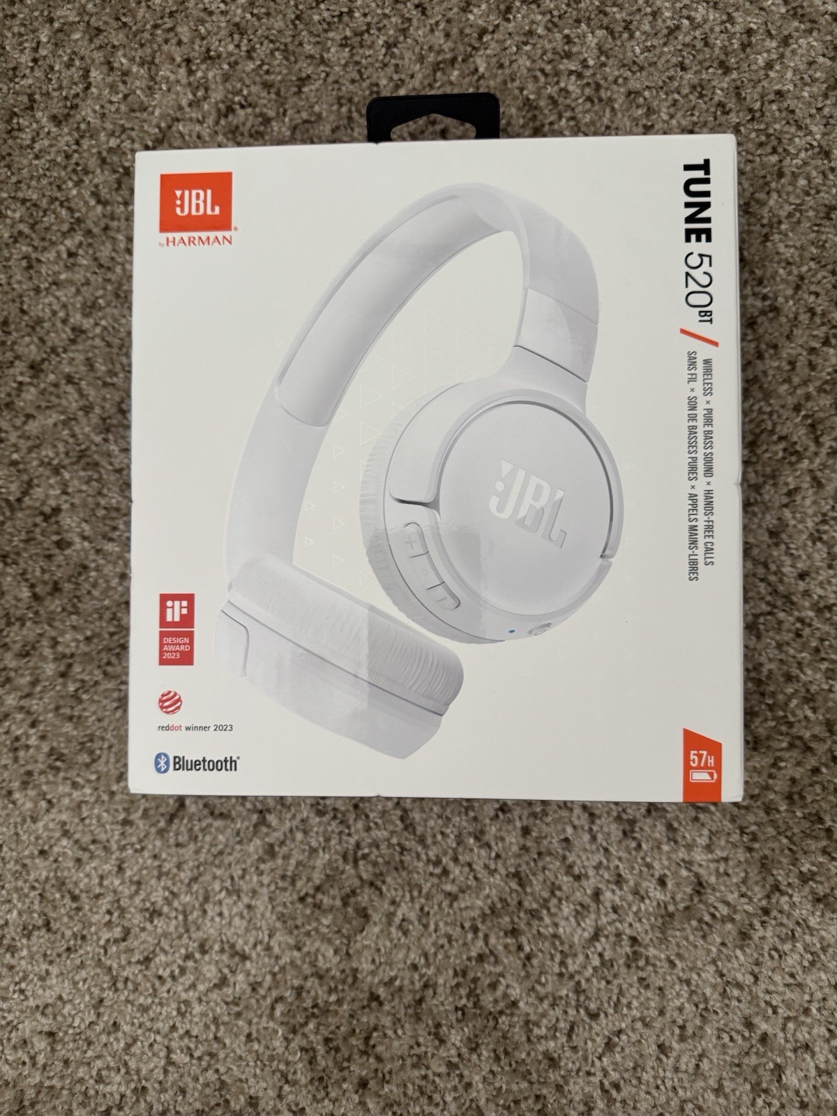 JBL Tune 520BT Wireless On-Ear Headphones White Pure Bass Sound Voice Aware