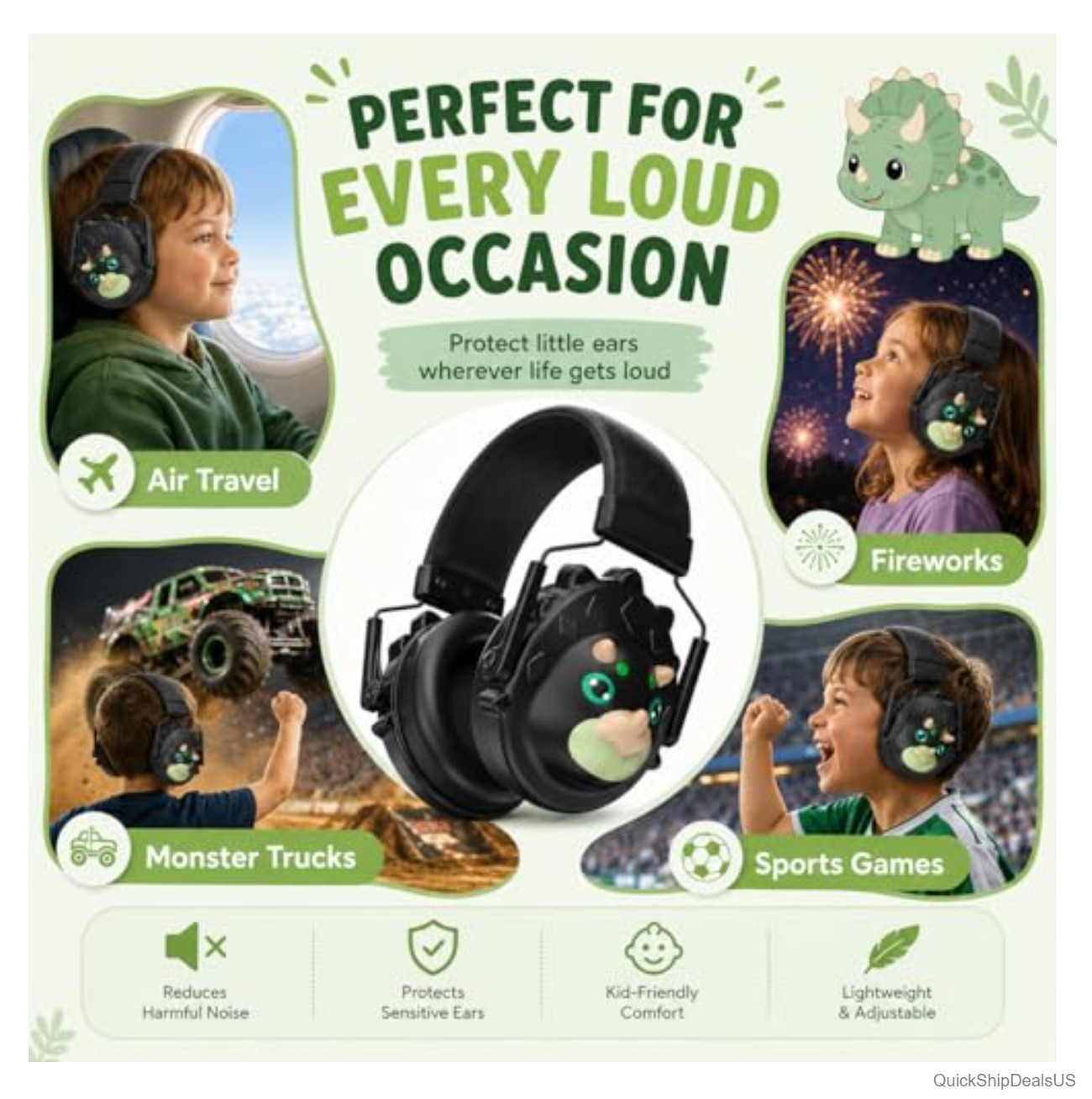 Kids Noise Cancelling Headphones Dinosaur Shaped Ear Muffs for Noise Reduction