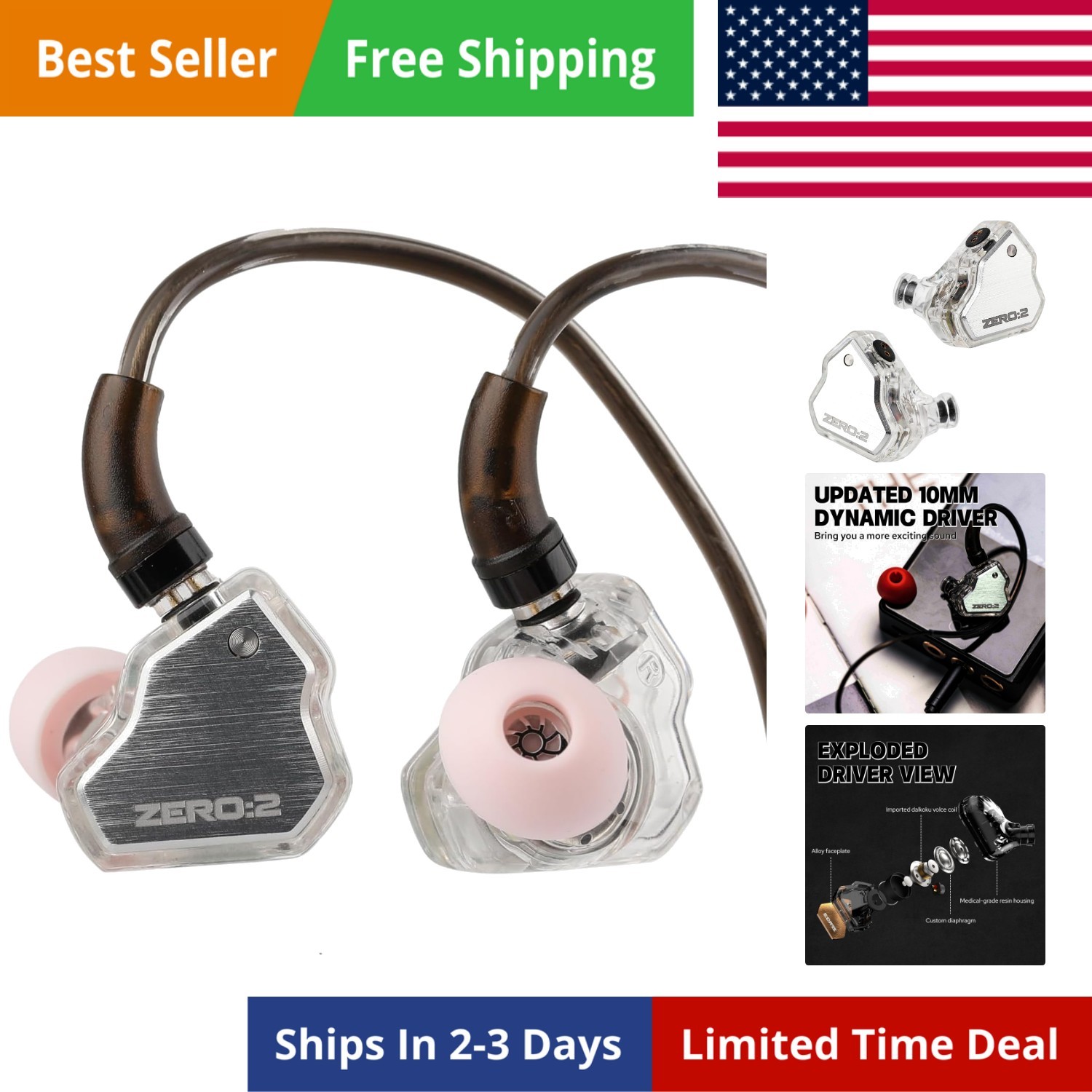 7Hz x Crinacle Zero:2 in Ear Monitor, Updated 10mm Dynamic Driver IEM, Wired …