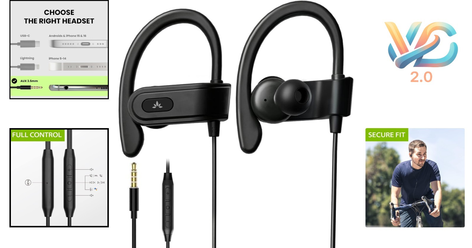 Black Wired Earbuds with Microphone In-Line Volume Control Sport Ear Hook