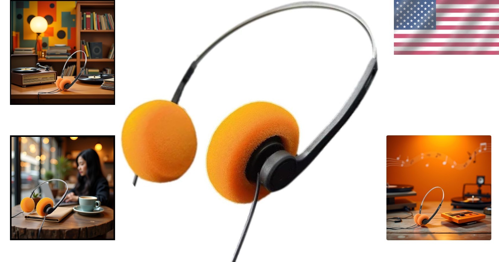 Retro Over-Ear Headphones Orange Lightweight Stereo Earphones for Mobile Devices