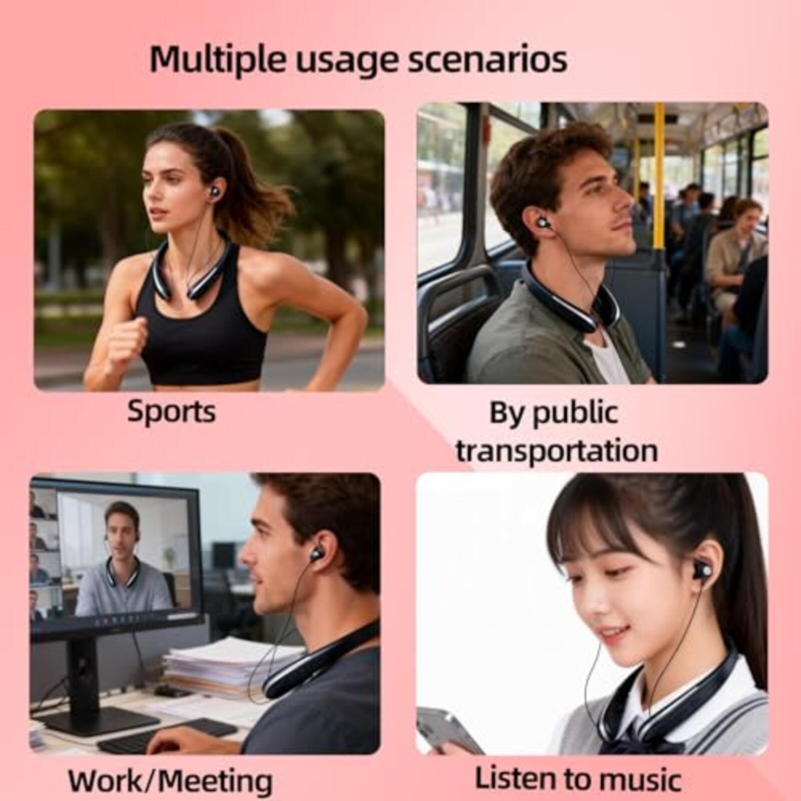 Bluetooth Neckband Headphones Retractable Wireless Sports Earbuds w/Mic Black