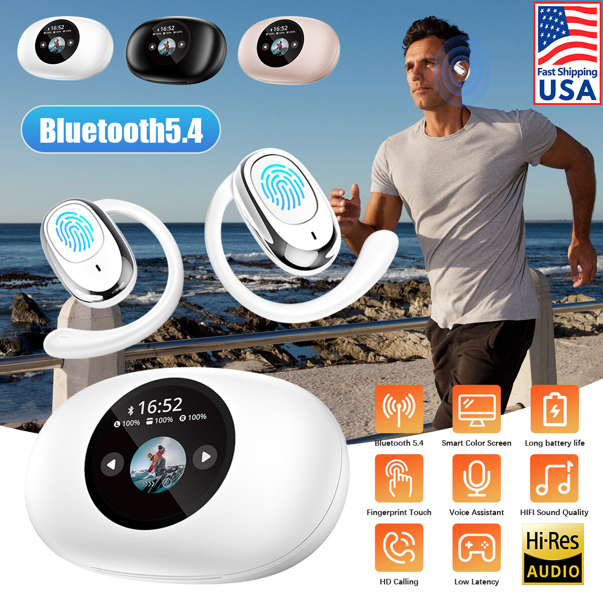 LCD HD screen Over The Ear Earbuds Bluetooth Wireless Multi language switching #