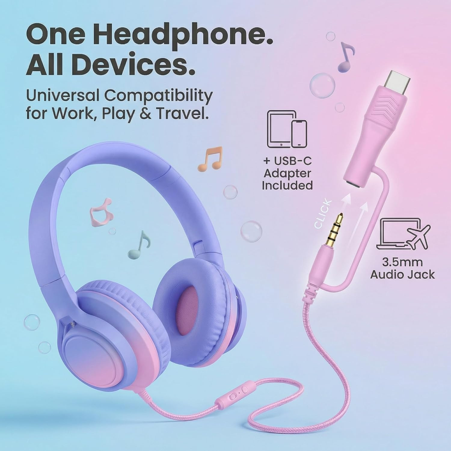 Kids Over-Ear Headphones, 85/94Db, Mic, USB-C Adapter, Pink | 85/94Db Volume Con