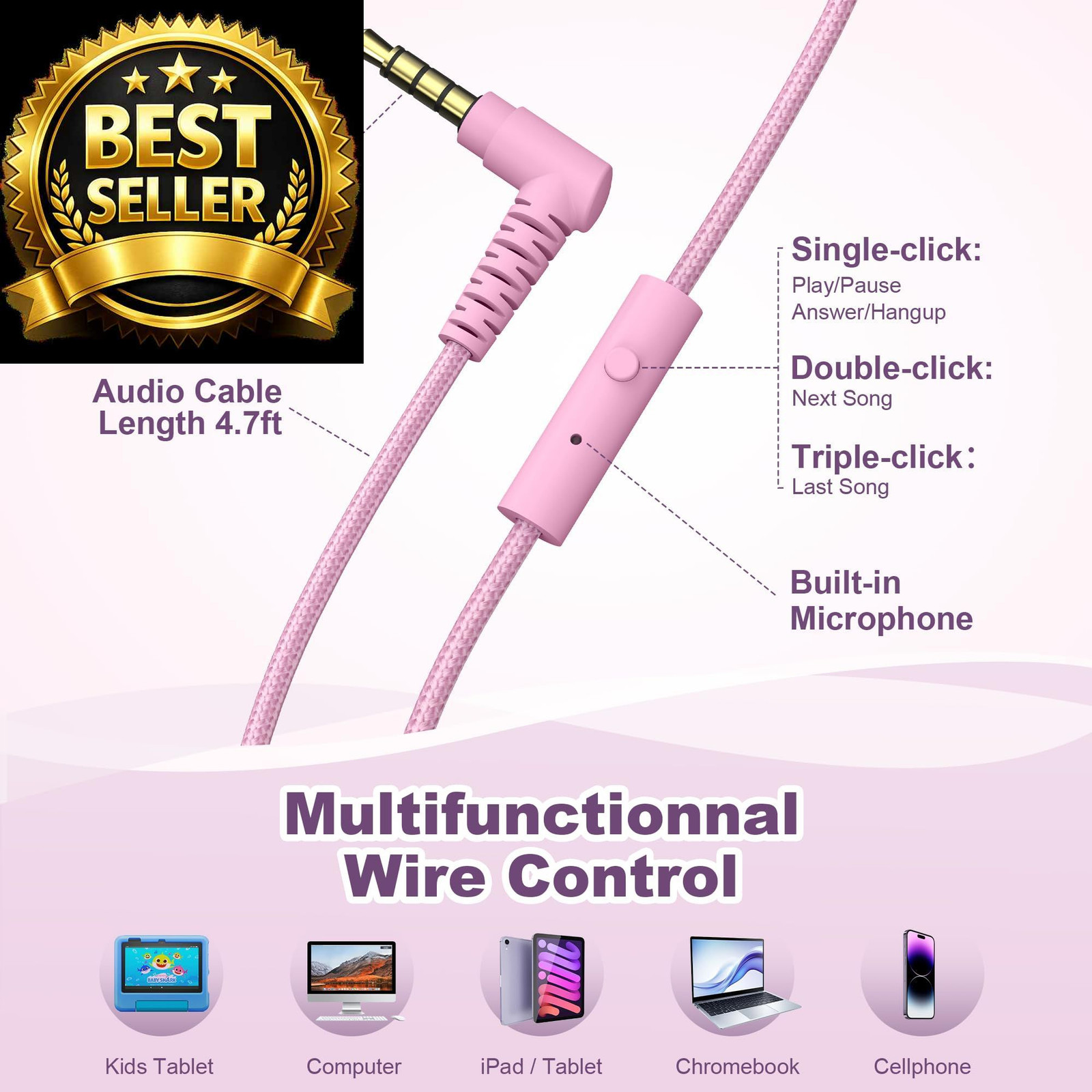 Kids Headphones, Wired Headphones for On Ear with small, Pink Purple