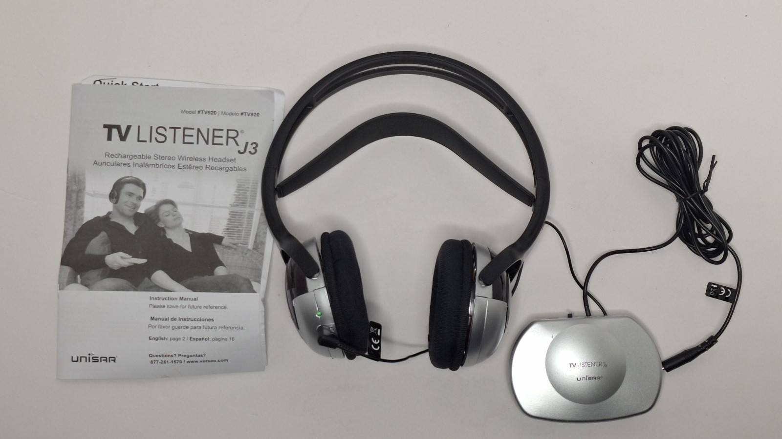 Unisar TV Listener J3 TV920 Headband Wireless Headphones NO Power Cord