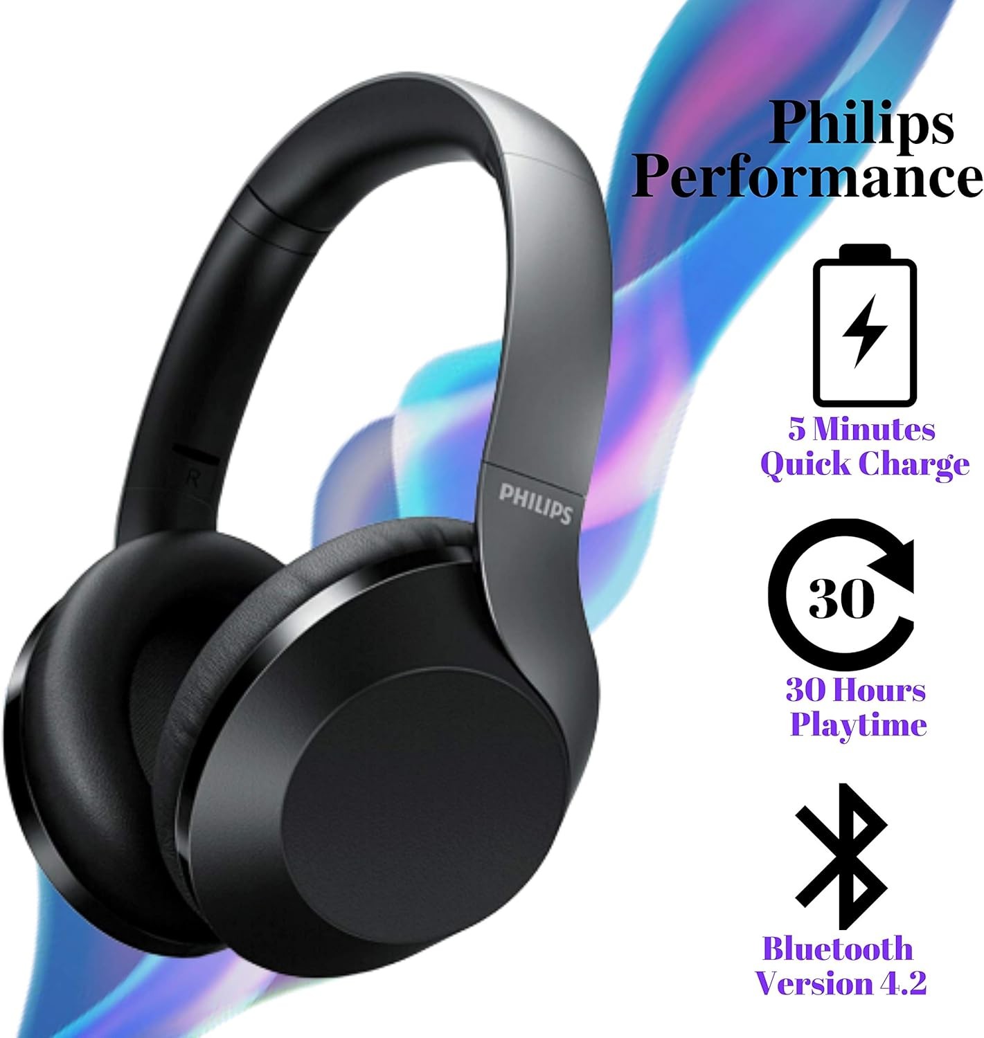 Philips TAPH802BK Over the Ear Wireless Headphones , Rapid charge, 30Hrs – Black