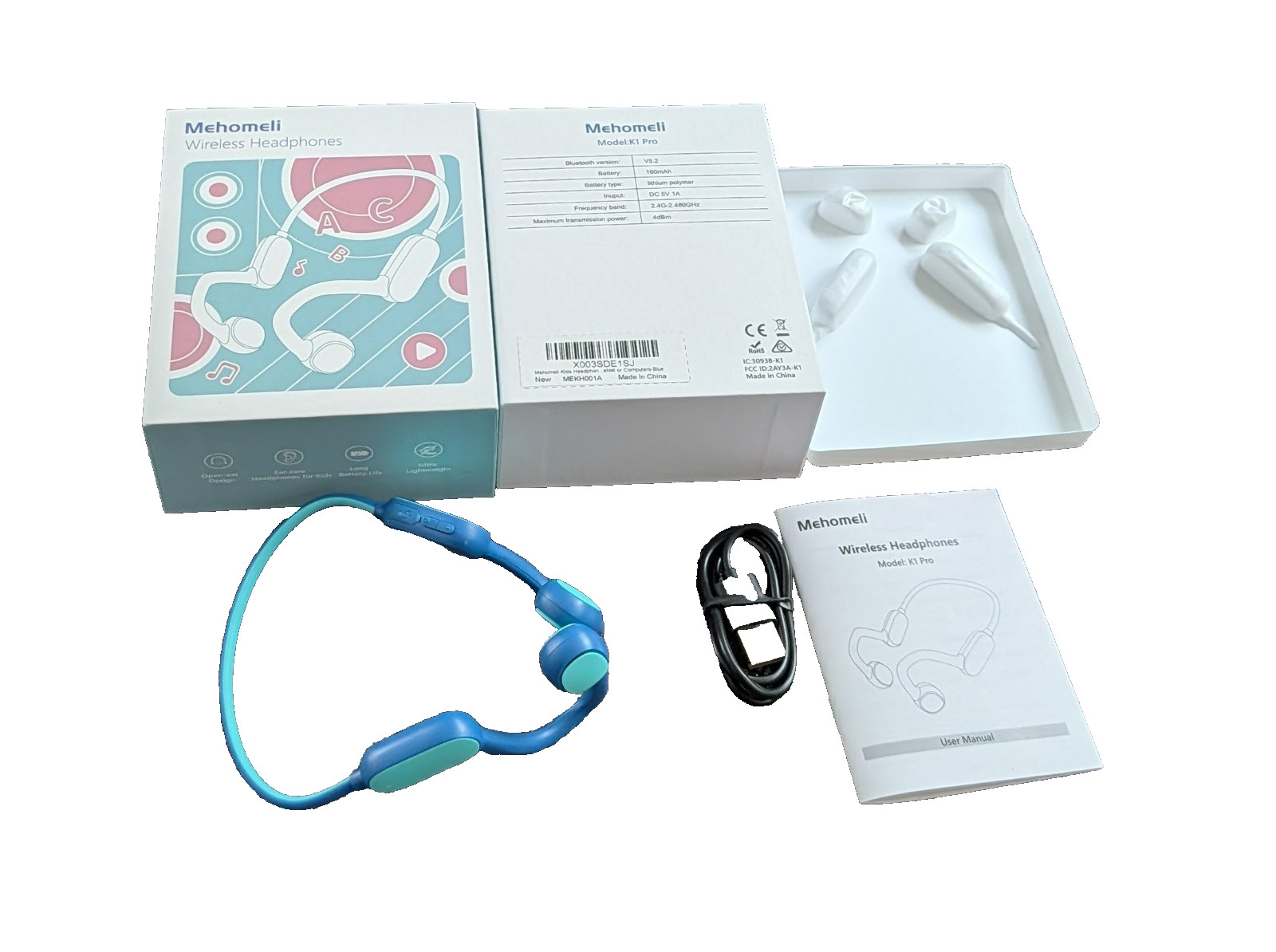 Mehomeli Kids Wireless Headphones Model K1 Pro Blue Open-Ear Bluetooth V5.2 LNXT