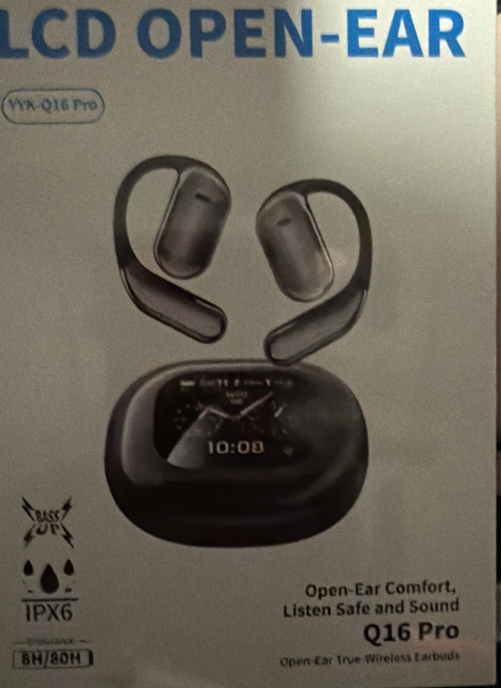 LCD Open Ear Q16 Pro Blue Tooth Wireless Earbuds Black